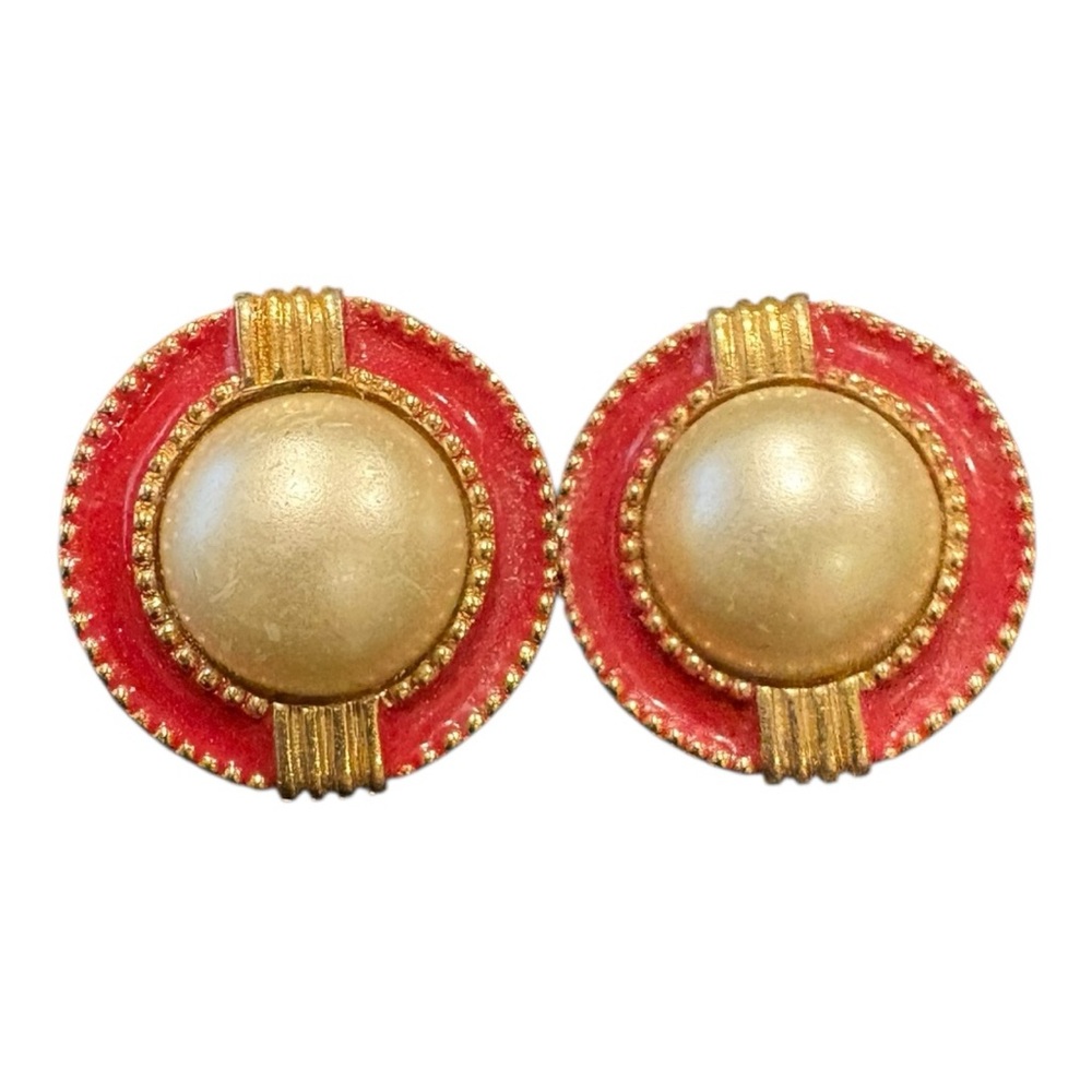 Vintage 1928 Red Enamel & Gold Tone Faux Pearl Button Earrings J19